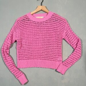 Sugar Moon Pink Open Knit Crochet Cotton Sweater Crew Neck Cropped Womens Small